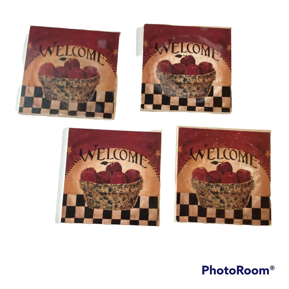 Welcome Coasters Bowl of Apples Ceramic Set 4 Cork Back Barware Kitchen Drinks